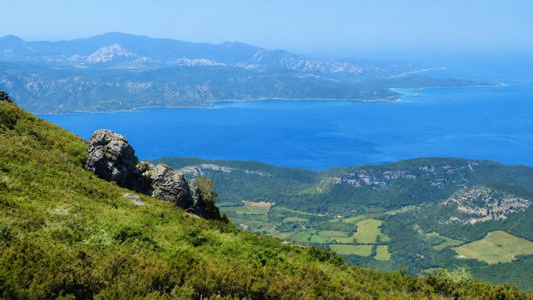 How a 9 Seater Car Rental Unlocks the French Riviera’s Hidden Backcountry Scenic coastal mountains and blue sea viewed from a green hillside in the French Riviera.
