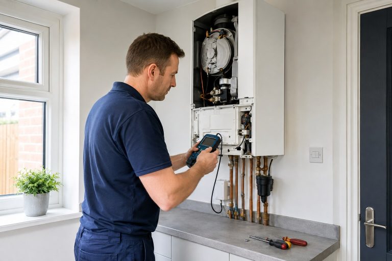 Heating engineer servicing a modern domestic boiler in a UK home.