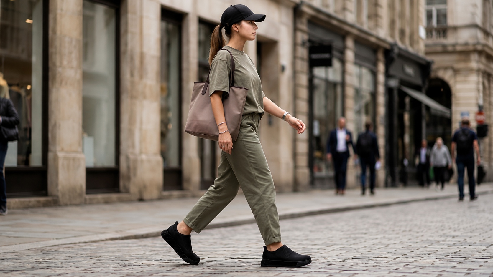 Woman wearing black 3D printed sneakers on a city street