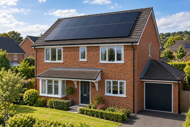 Home Solar Panel Installation UK: A Complete Guide for Homeowners Solar panels installed on the pitched roof of a two-storey brick home in the UK