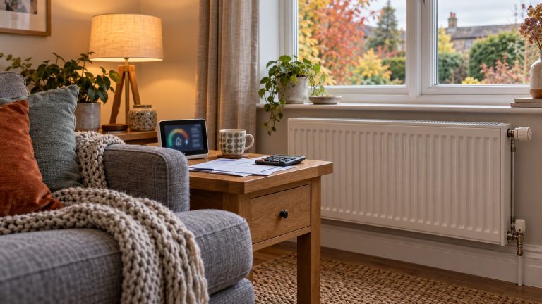 Radiator and home energy monitor in a British living room during autumn