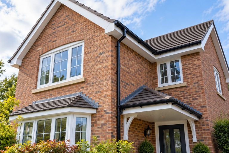 Why Roofline Detailing Matters for Property Value Roofline detailing with clean guttering, fascias and soffits on a brick house