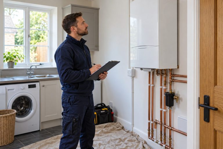 How a Professional Boiler Installer Prepares a Home for a New Heating System Professional boiler installer inspecting a wall-mounted boiler before a new heating system installation
