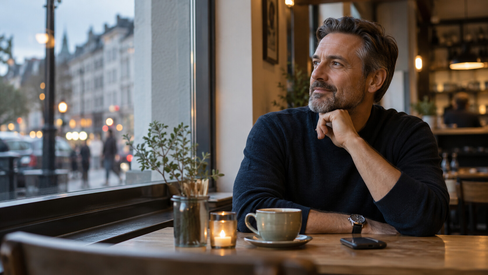 Man over 40 calmly reflecting in a café after experiencing rejection
