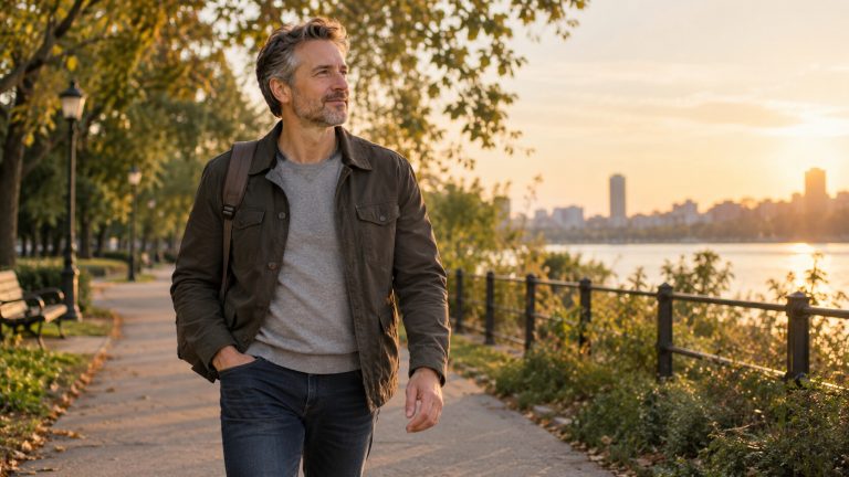 How Men Over 40 Can Handle Rejection Without Losing Confidence Confident man over 40 walking through a park after overcoming rejection
