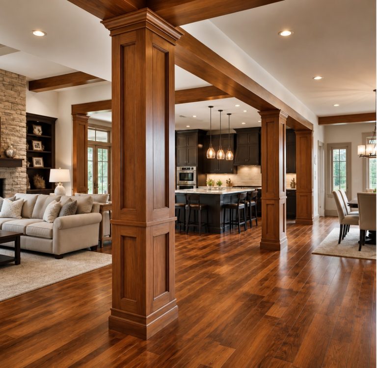 How Timber Column Wraps Elevate Interior Design and Complement Hardwood Floors Timber column wraps complementing hardwood floors in a modern interior