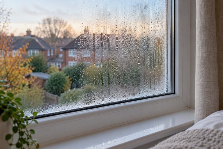 How to Stop Condensation on Windows Overnight in UK Homes Condensation droplets on the inside of a bedroom window in a UK home.
