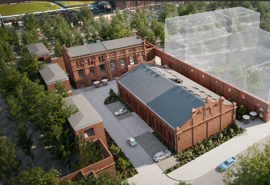 Aerial rendering of Nowa Tkalnia in Łódź, Poland, showing historic red-brick buildings and landscaped courtyards
