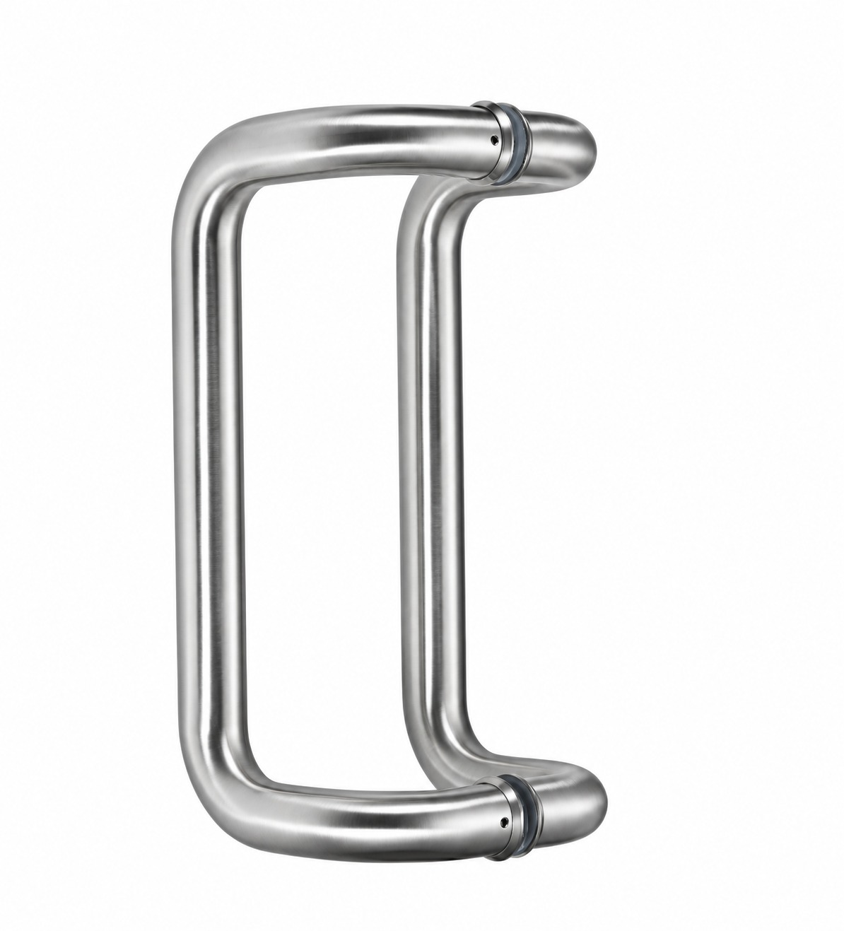 Pair of satin stainless steel D-shaped door pull handles on a white background.
