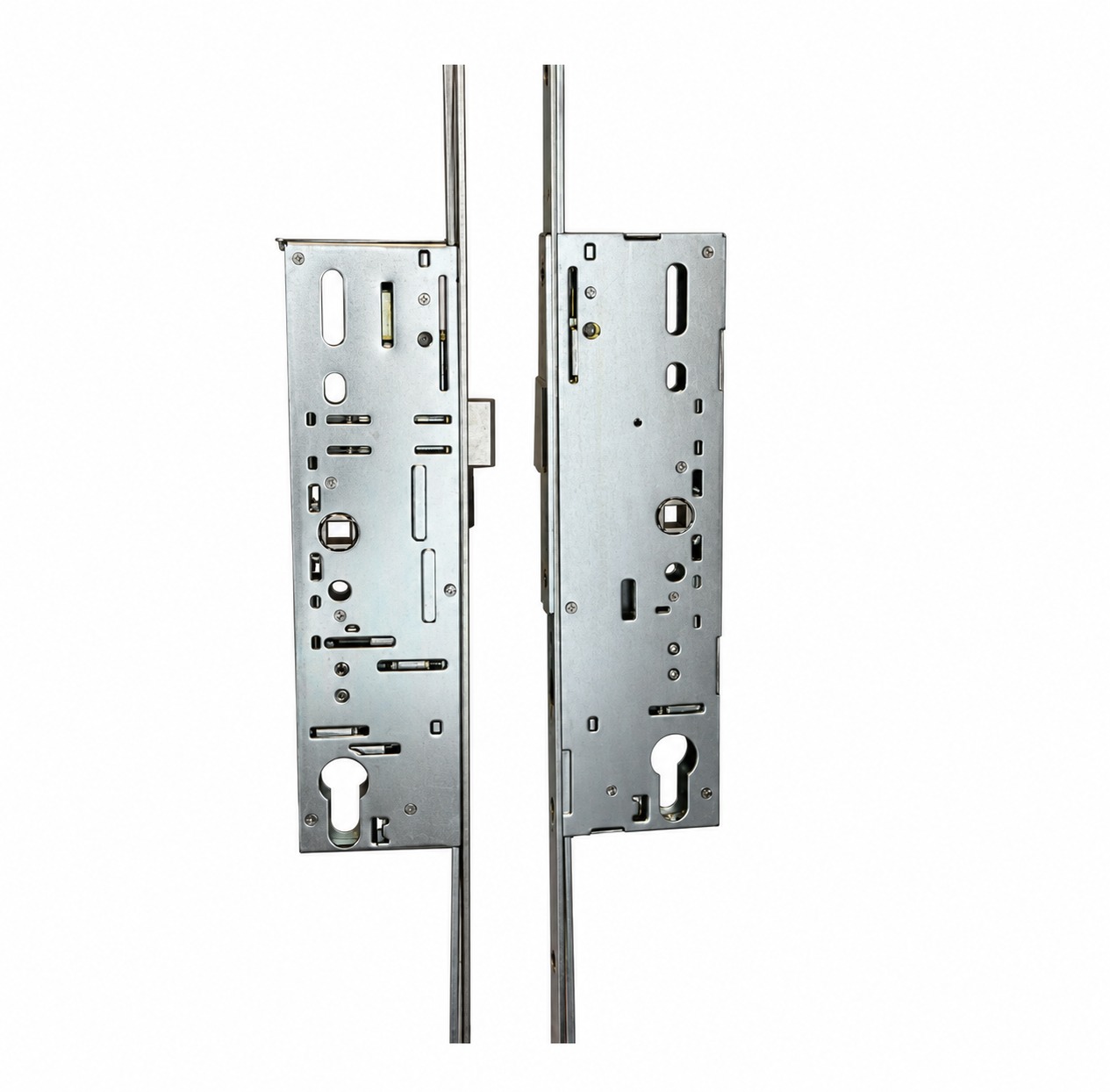 Two side views of a silver multipoint double door lock mechanism on a white background.