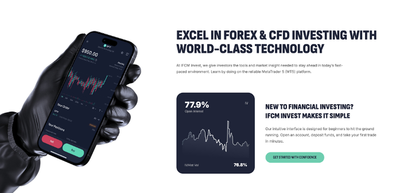 IFCM Invest website section showing a mobile trading interface and forex and CFD features