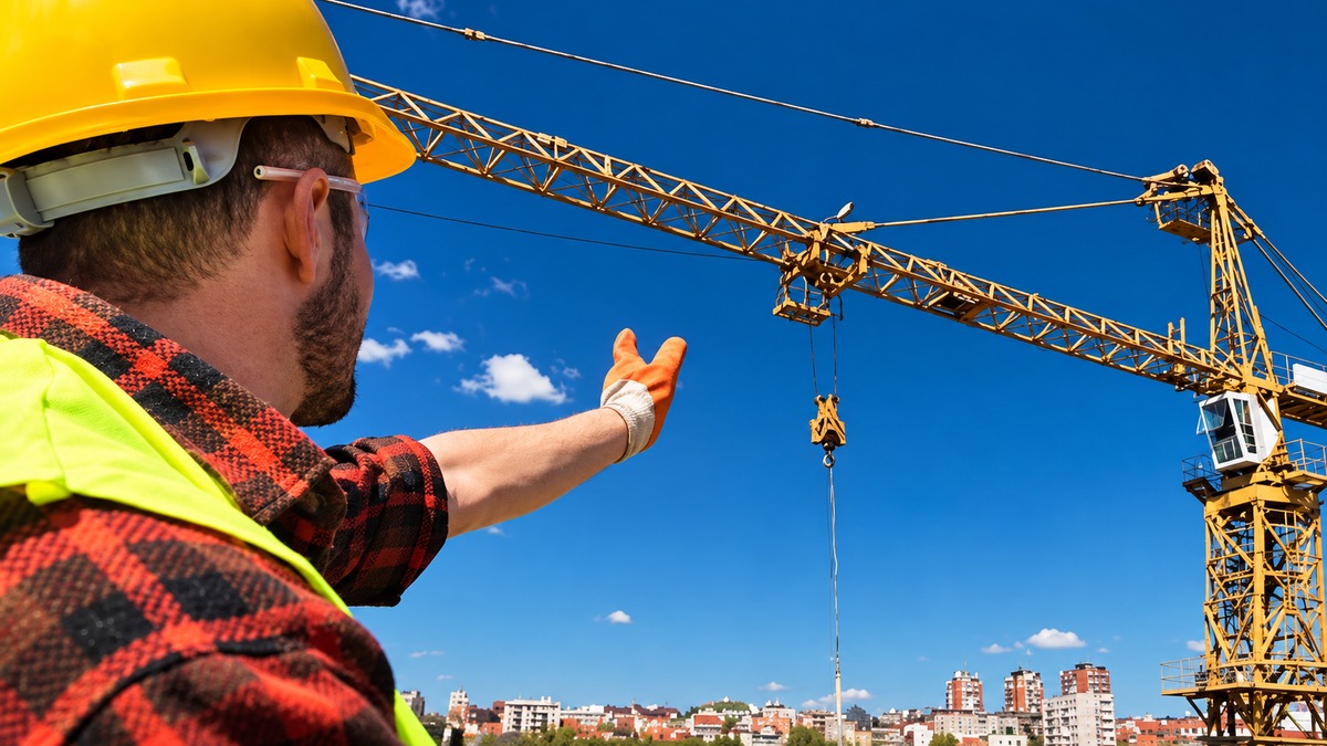 Construction worker wearing a yellow hard hat and high-visibility vest signalling to a tower crane.