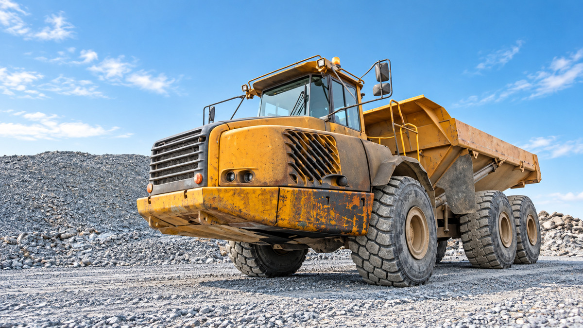Yellow articulated dump truck at a gravel quarry