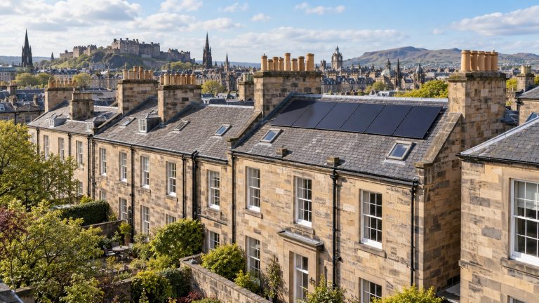 Solar panels on a slate roof of a traditional Edinburgh stone building