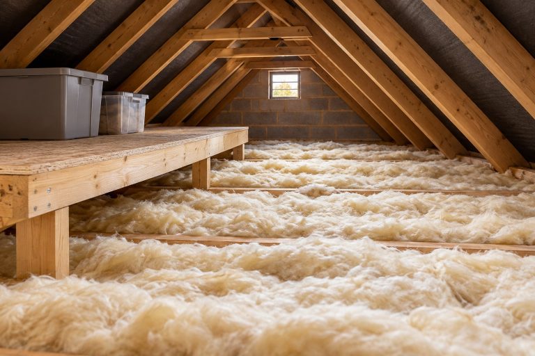 Loft Insulation Mistakes: 7 Things to Check Before Winter Mineral wool loft insulation beneath timber rafters with a raised storage platform in a UK home.