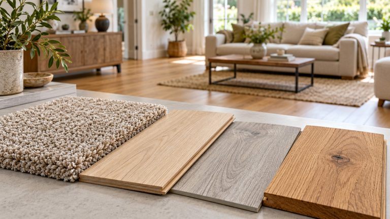 Choosing the right flooring for a home renovation with carpet, laminate, vinyl and wood samples