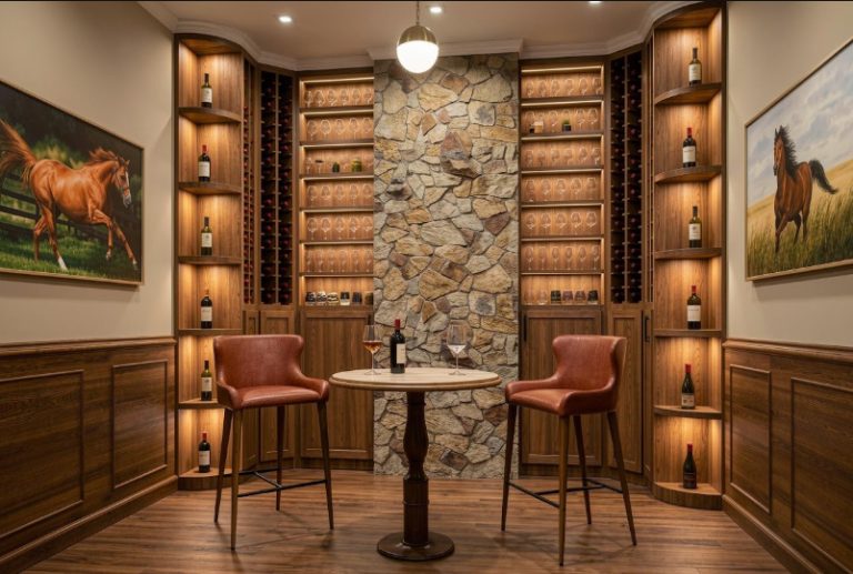 Georgian townhouse wine room with wooden shelving, a stone feature wall and leather bar stools