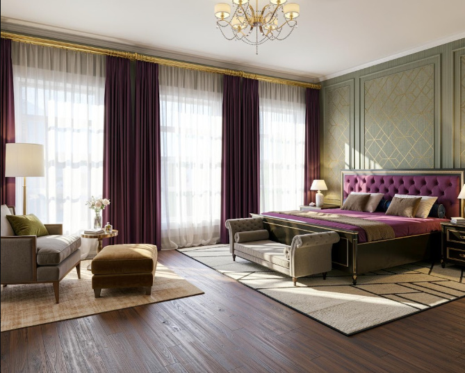 Georgian townhouse bedroom with tall windows, purple curtains and decorative wall panelling
