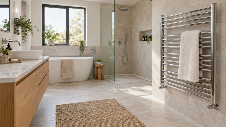 Planning a Wider Chrome Towel Radiator into a Bathroom Renovation Chrome towel radiator beside a walk-in shower in a renovated bathroom
