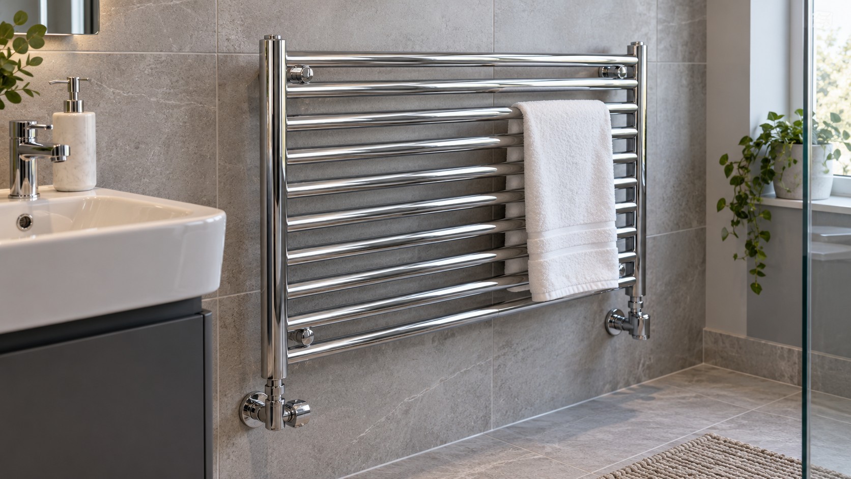 Wide chrome towel radiator with a white towel on a grey tiled bathroom wall